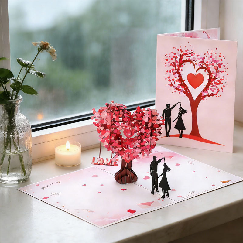 Carte de vœux romantique 3D « Danse sous l'arbre en forme de cœur »