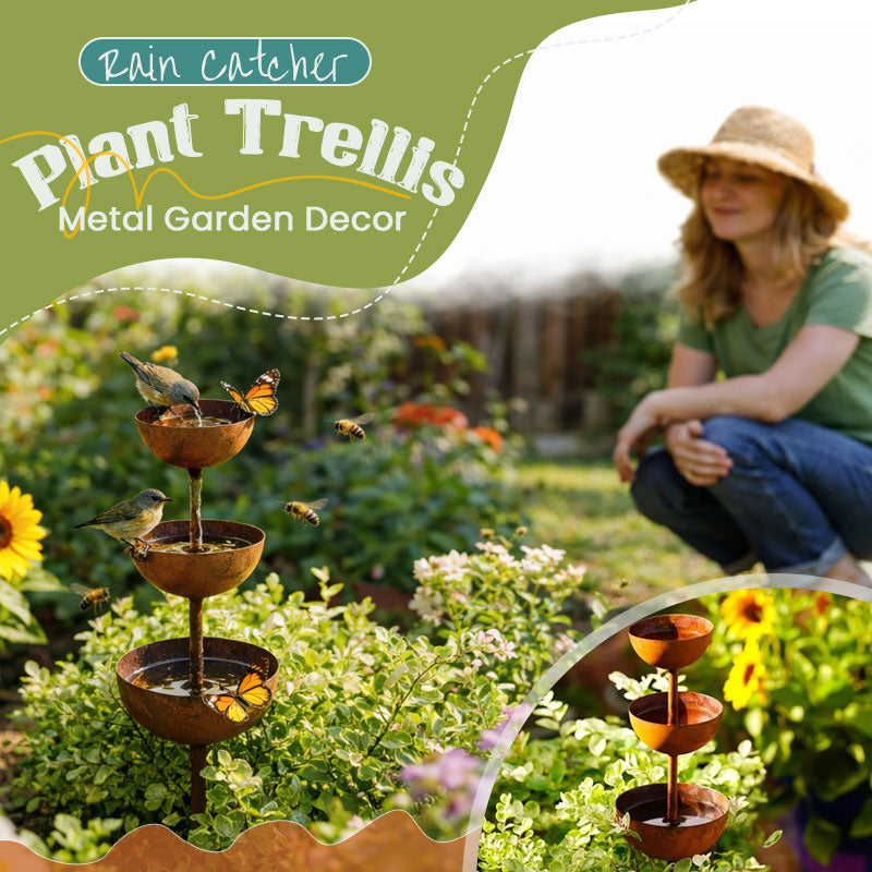 🌧️ Collecteur d'eau de pluie – support pour plantes 🐦 Ornement de jardin en métal