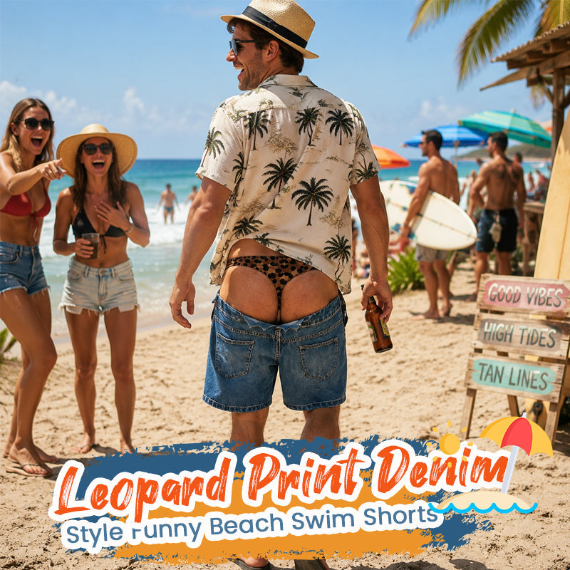 🐆 Short de Bain Trompe-l’Œil Effet Jean & Léopard