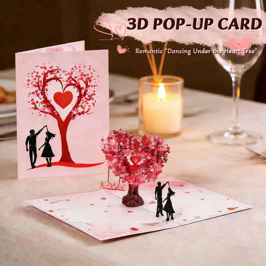 Carte de vœux romantique 3D « Danse sous l'arbre en forme de cœur »