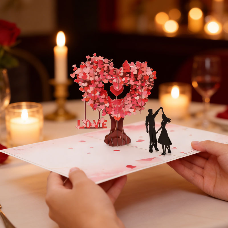 Carte de vœux romantique 3D « Danse sous l'arbre en forme de cœur »