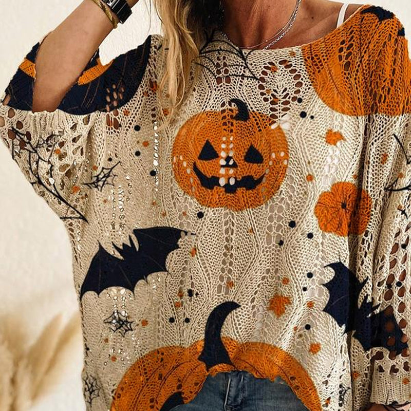 🎃 Häxiga Mysiga Vibes – Stickad Halloweenpumpa-tröja