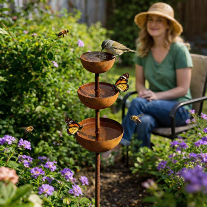 🌧️ Collecteur d'eau de pluie – support pour plantes 🐦 Ornement de jardin en métal