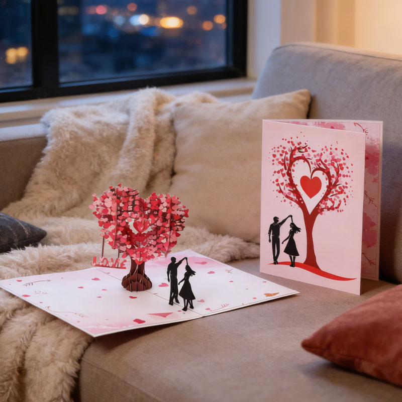 Carte de vœux romantique 3D « Danse sous l'arbre en forme de cœur »