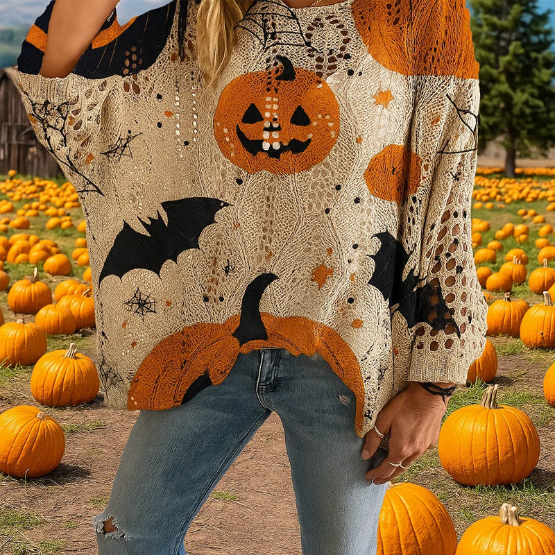 🎃 Häxiga Mysiga Vibes – Stickad Halloweenpumpa-tröja