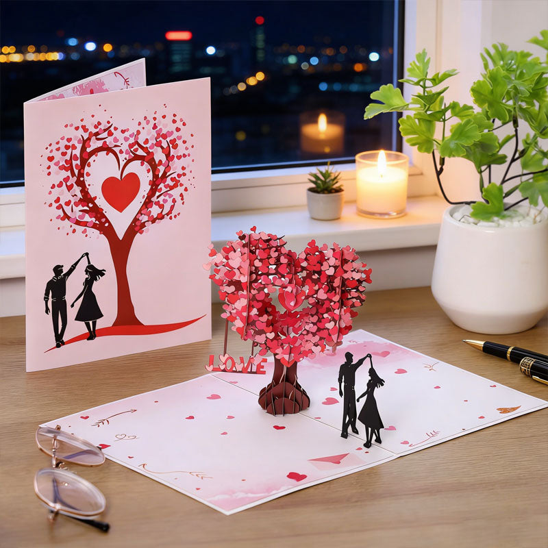 Carte de vœux romantique 3D « Danse sous l'arbre en forme de cœur »