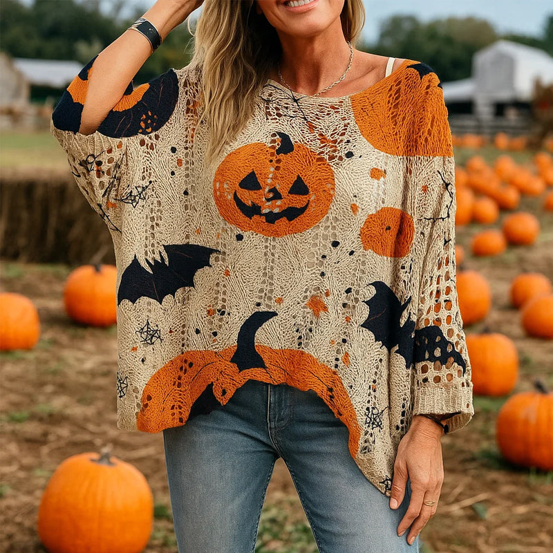 🎃 Häxiga Mysiga Vibes – Stickad Halloweenpumpa-tröja