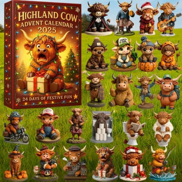 🐮Calendrier de l'Avent Vache des Highlands 2025🎄✨ - Poupée vache des Highlands 3D faite à la main (24 pièces)