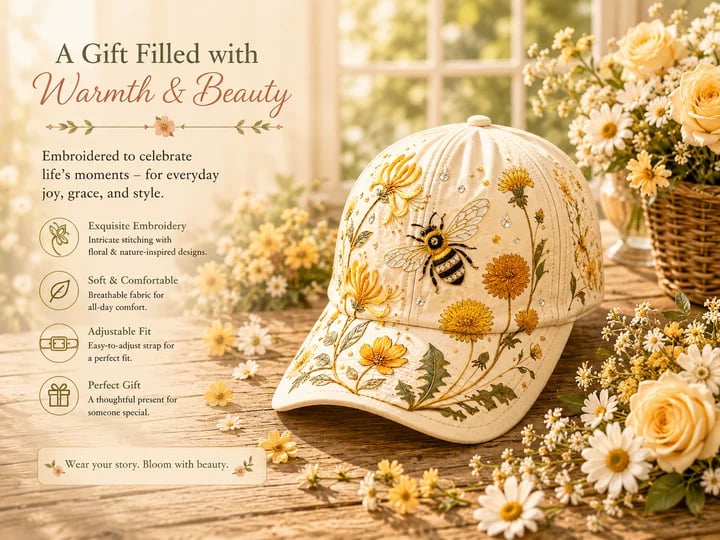 🧢🌼Casquette Garden Morning Brodée – Style Floral & Nature avec Détail Abeille