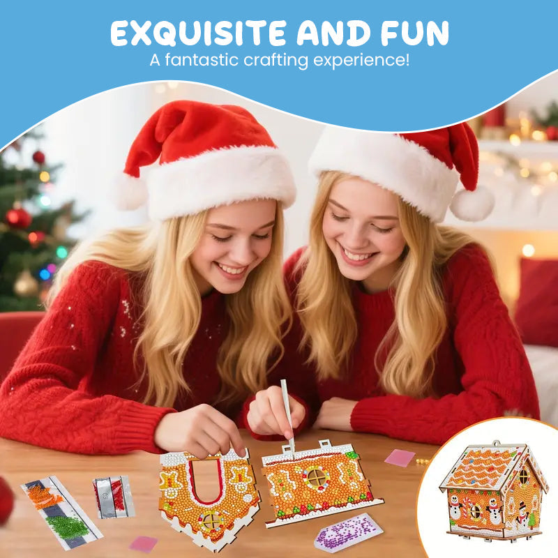 Peinture au diamant représentant une maison en pain d'épices et un bonhomme de neige