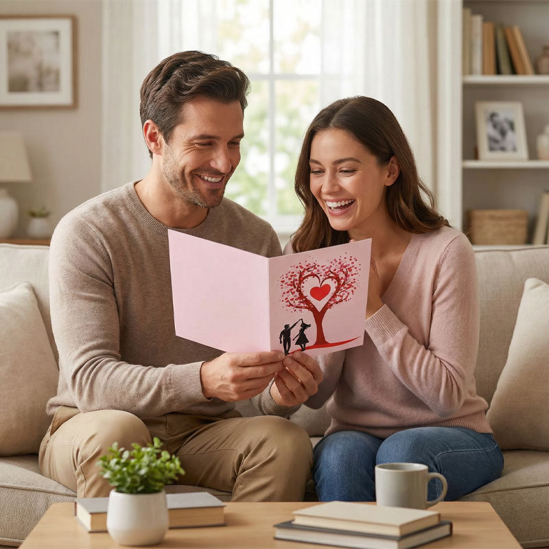 Carte de vœux romantique 3D « Danse sous l'arbre en forme de cœur »