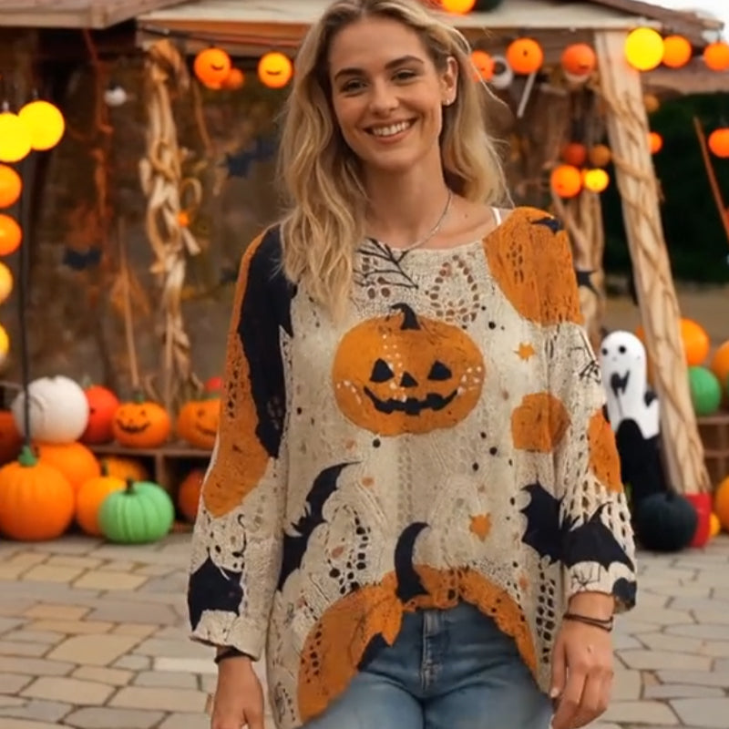 🎃 Häxiga Mysiga Vibes – Stickad Halloweenpumpa-tröja
