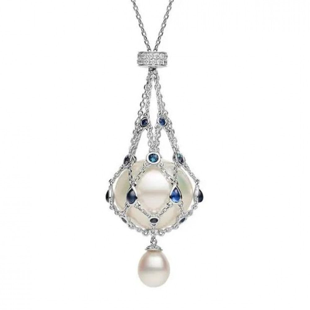 Pendentif lavallière avec perle d'eau douce de 14,0 à 15,0 mm et pierre précieuse bleue.