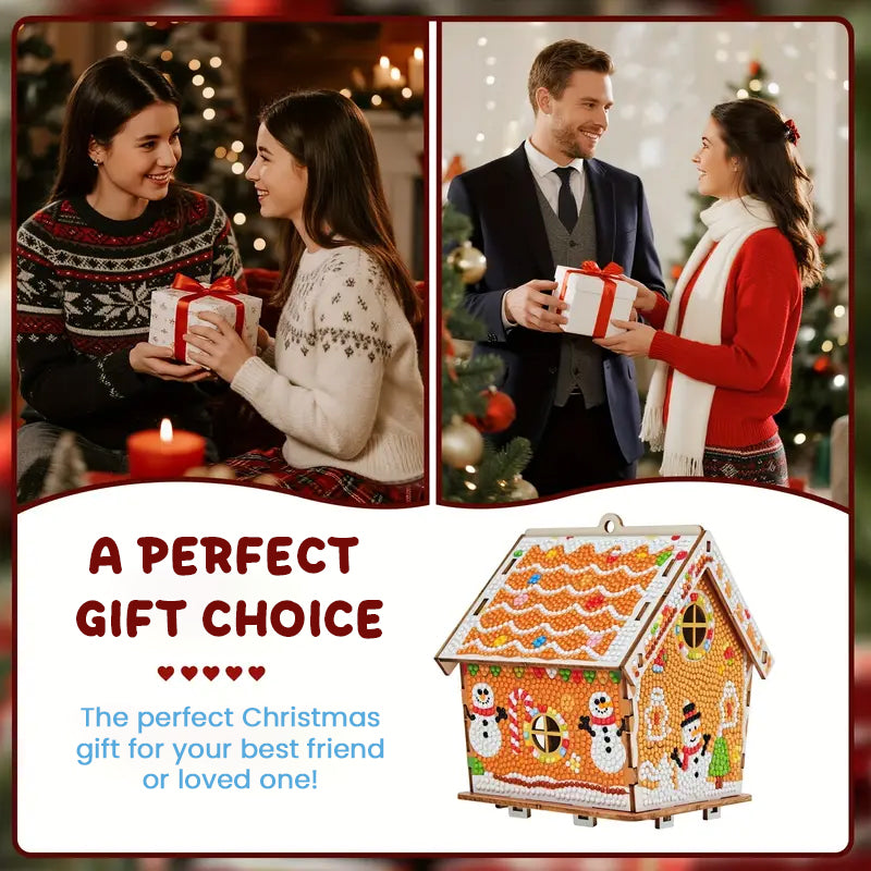 Peinture au diamant représentant une maison en pain d'épices et un bonhomme de neige