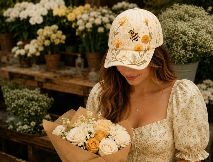 🧢🌼Casquette Garden Morning Brodée – Style Floral & Nature avec Détail Abeille