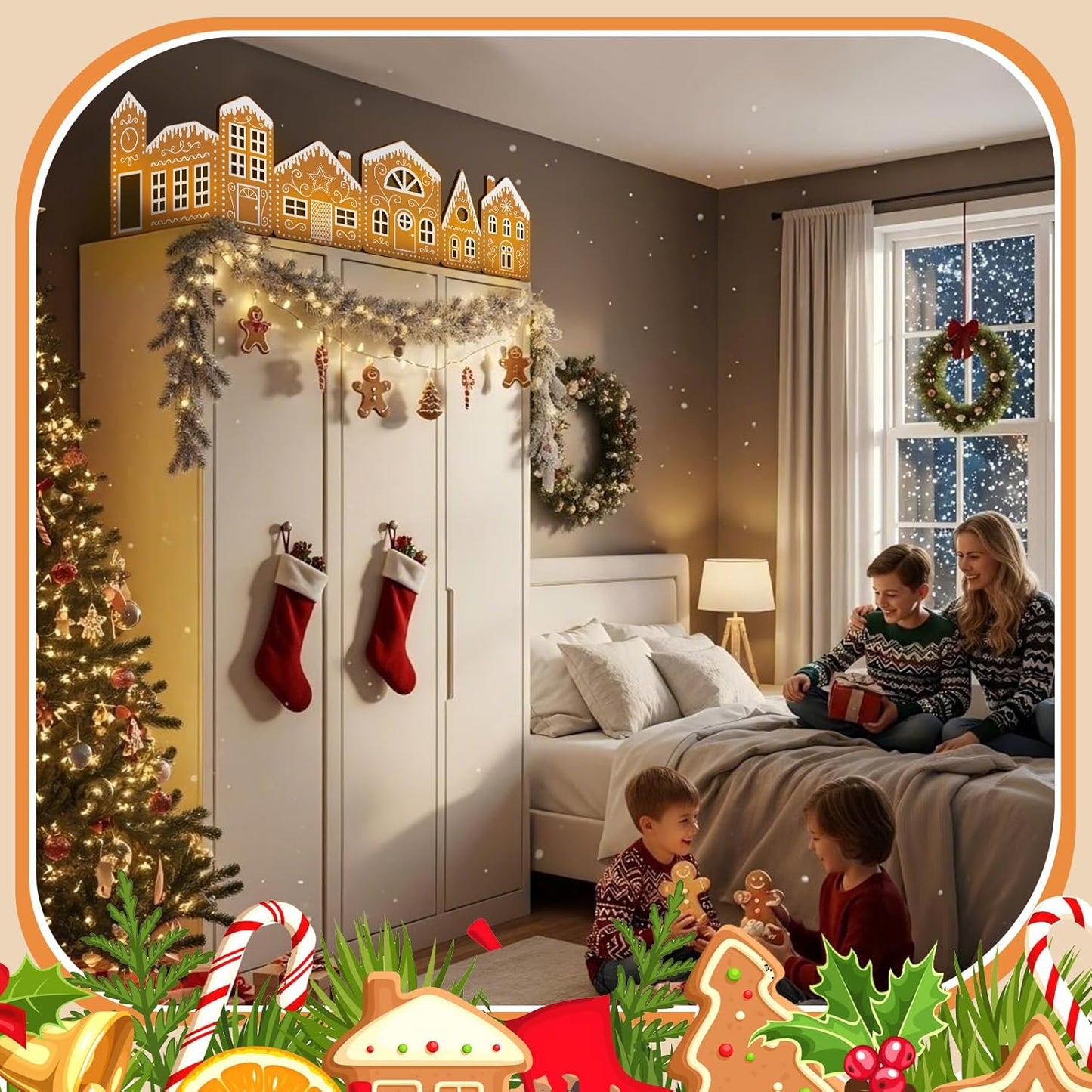 Village magique en pain d'épices (2 maisons en pain d'épices en carton + 1 guirlande lumineuse)