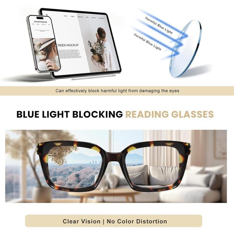 👓Lot de 3 lunettes de lecture écaille de tortue – Lunettes de lecture carrées surdimensionnées qui bloquent la lumière bleue