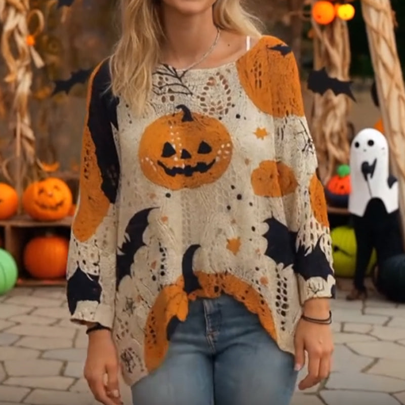 🎃 Häxiga Mysiga Vibes – Stickad Halloweenpumpa-tröja