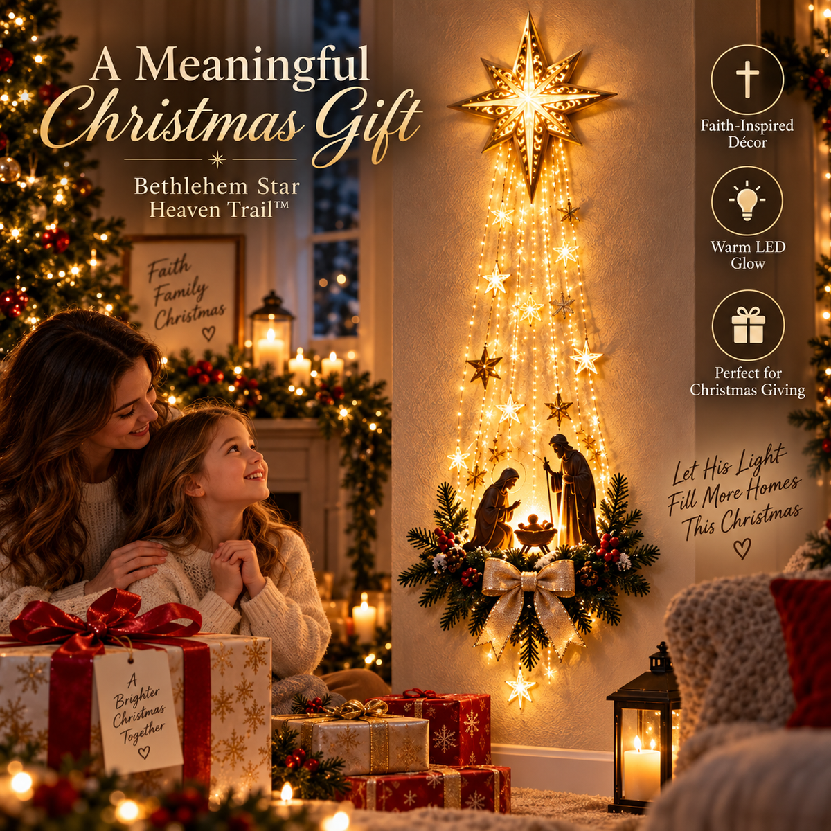 ✨✝️Étoile de Bethléem Lumineuse – Décoration Murale de Noël avec Crèche