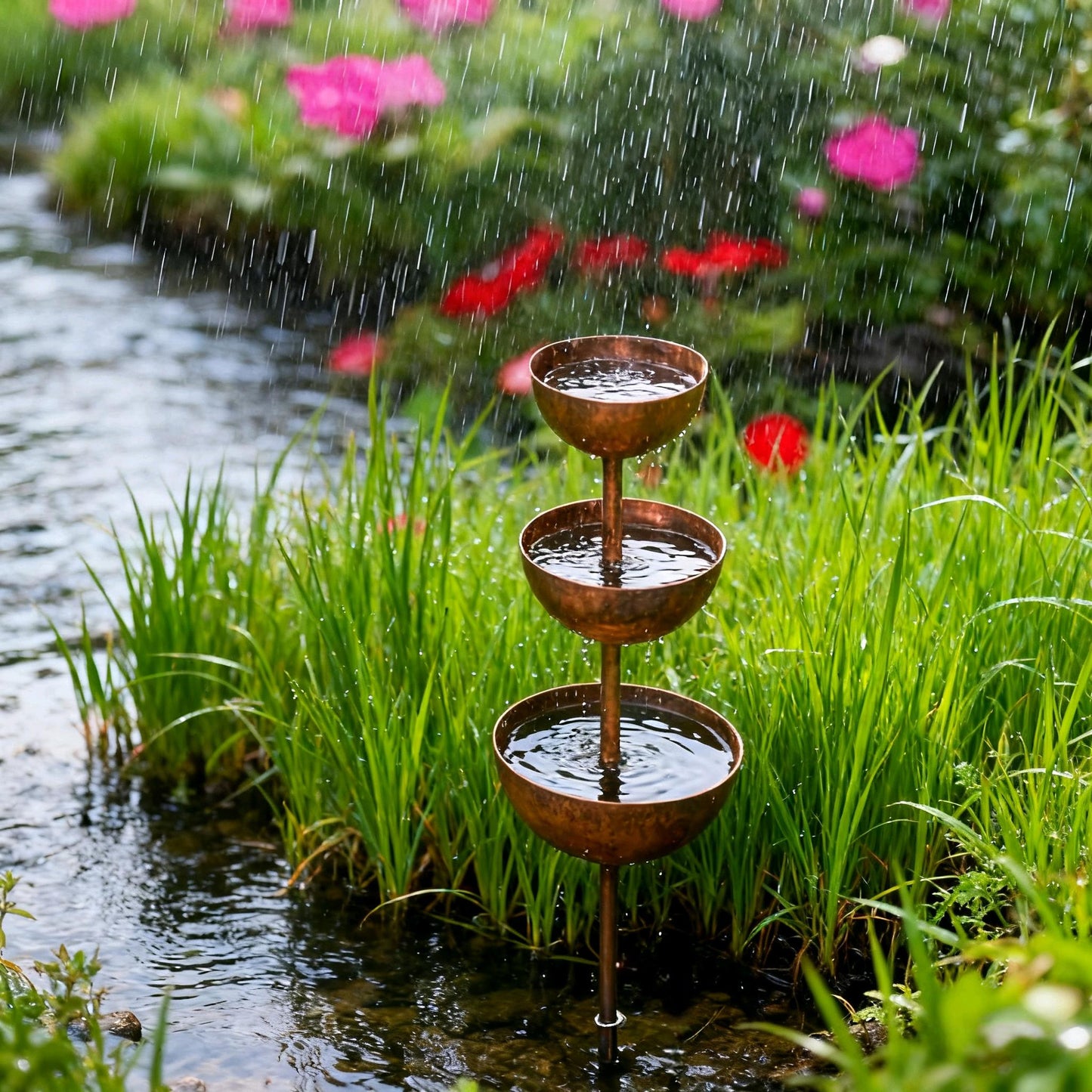 🌧️ Collecteur d'eau de pluie – support pour plantes 🐦 Ornement de jardin en métal
