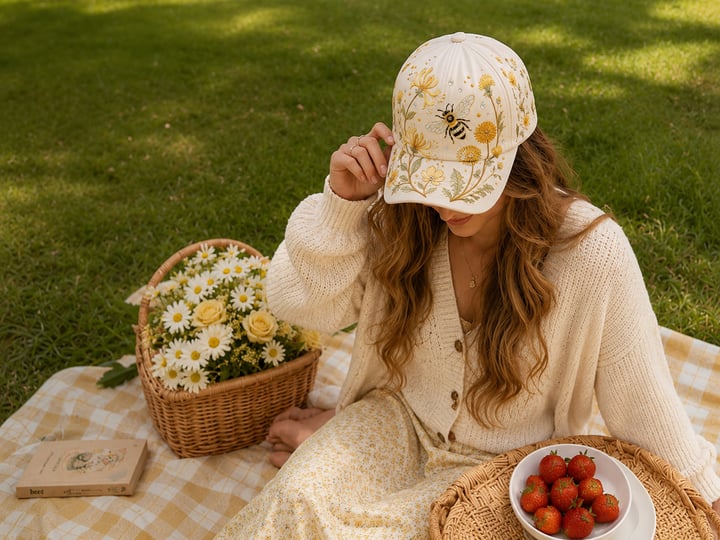 🧢🌼Casquette Garden Morning Brodée – Style Floral & Nature avec Détail Abeille