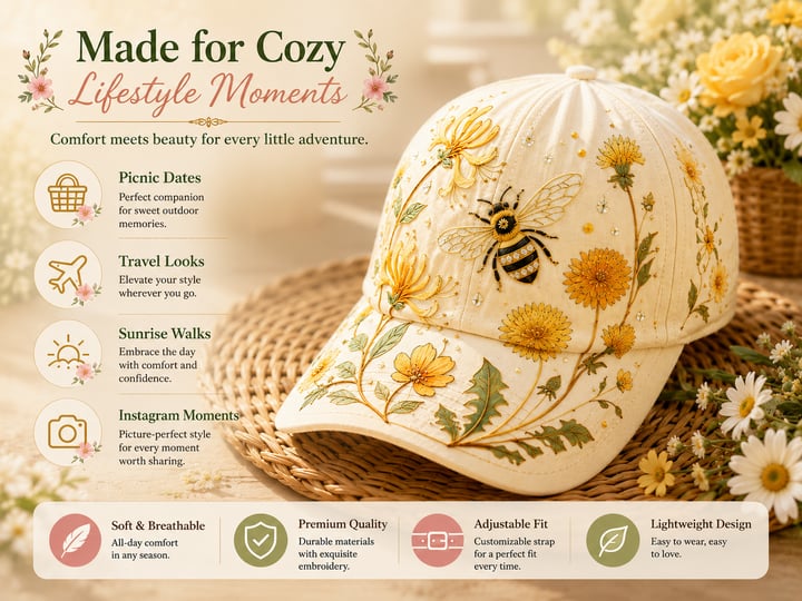 🧢🌼Casquette Garden Morning Brodée – Style Floral & Nature avec Détail Abeille