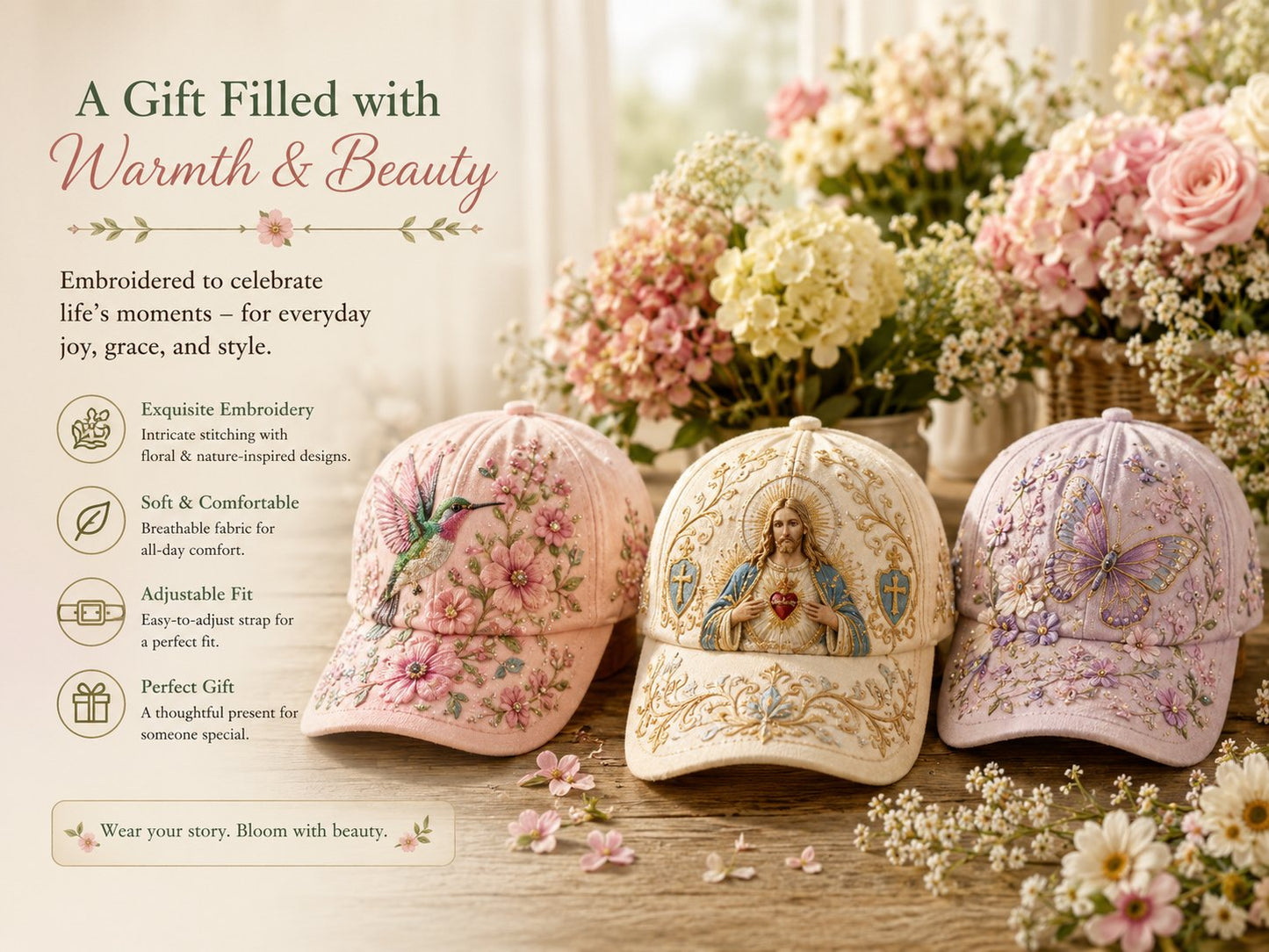 🧢🌼Casquette Garden Morning Brodée – Style Floral & Nature avec Détail Abeille