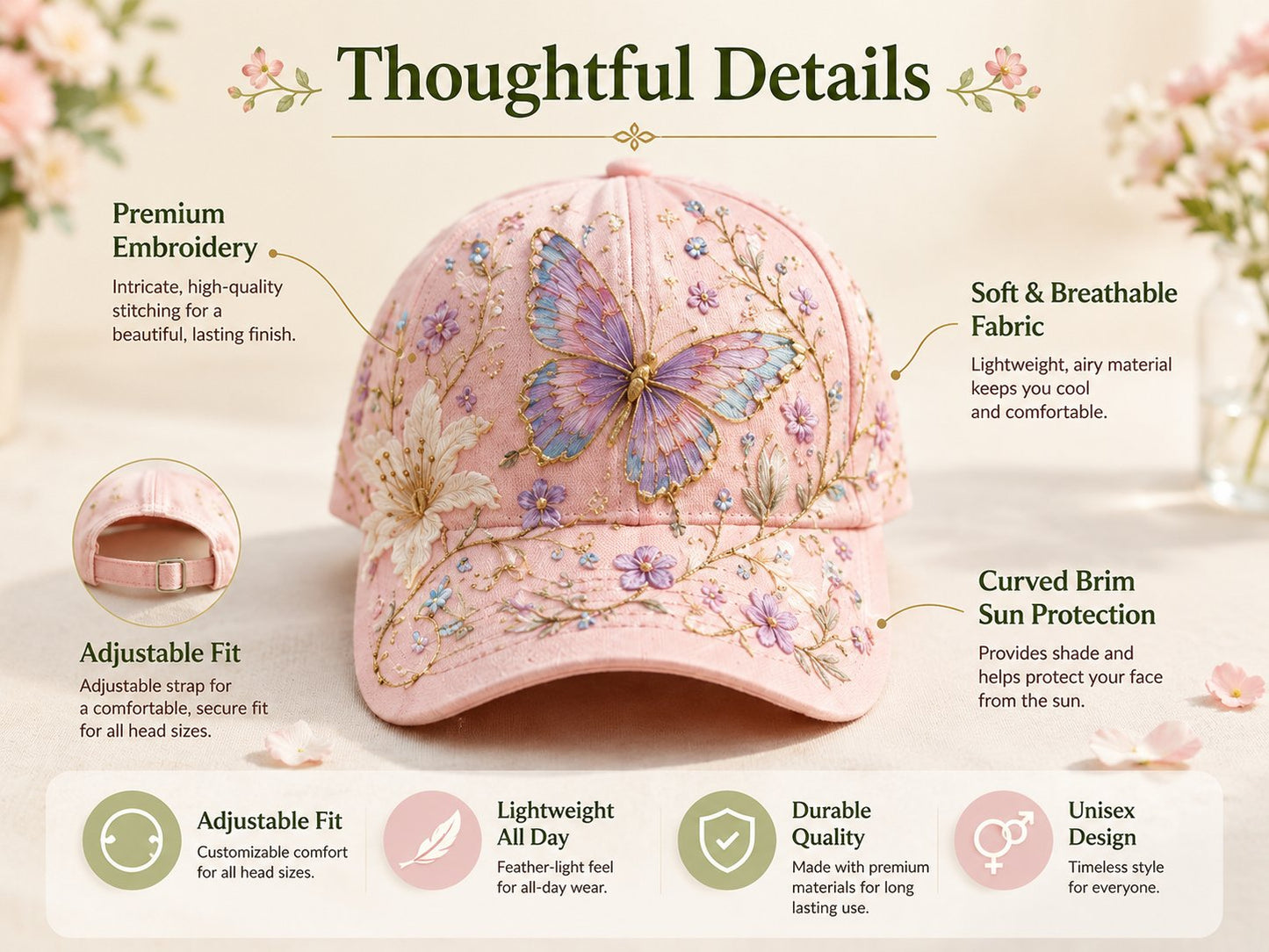 🧢🌼Casquette Garden Morning Brodée – Style Floral & Nature avec Détail Abeille