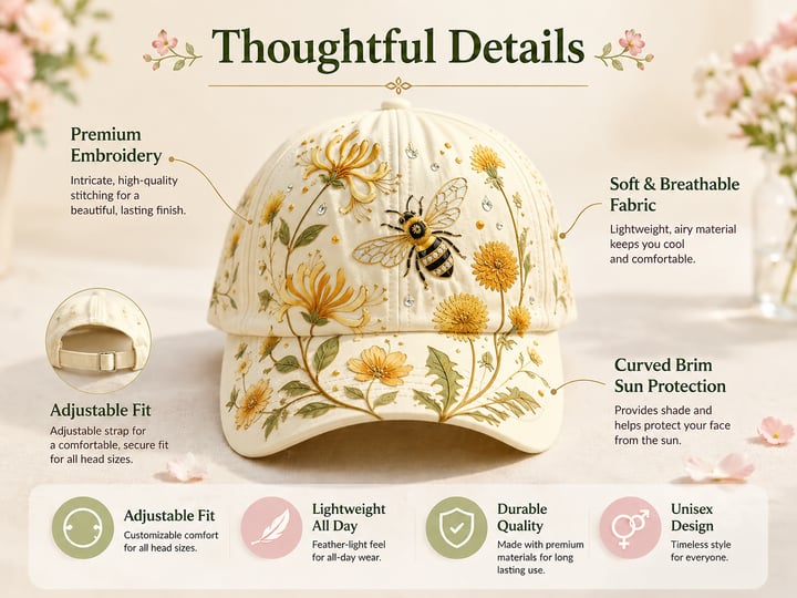 🧢🌼Casquette Garden Morning Brodée – Style Floral & Nature avec Détail Abeille